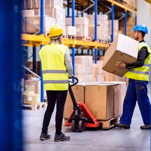 Young workers in a warehouse loading or unloading a pallet truck.